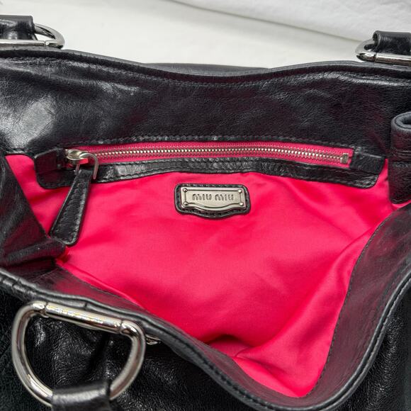 Miu Miu Designer Black Glaze Nappa Leather Silver Tone Satin Hobo Shopper Tote - Picture 11 of 13